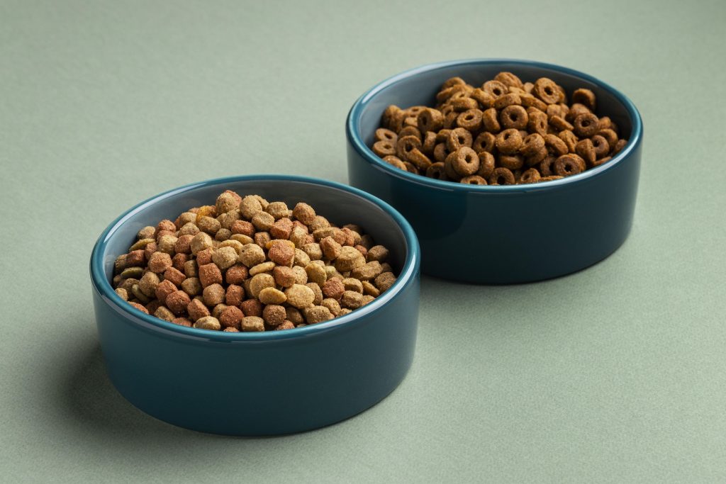 two bowls filled with dog food